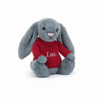 Jellycat Bashful Dusky Blue Konijn with Red Jumper | WY7296513